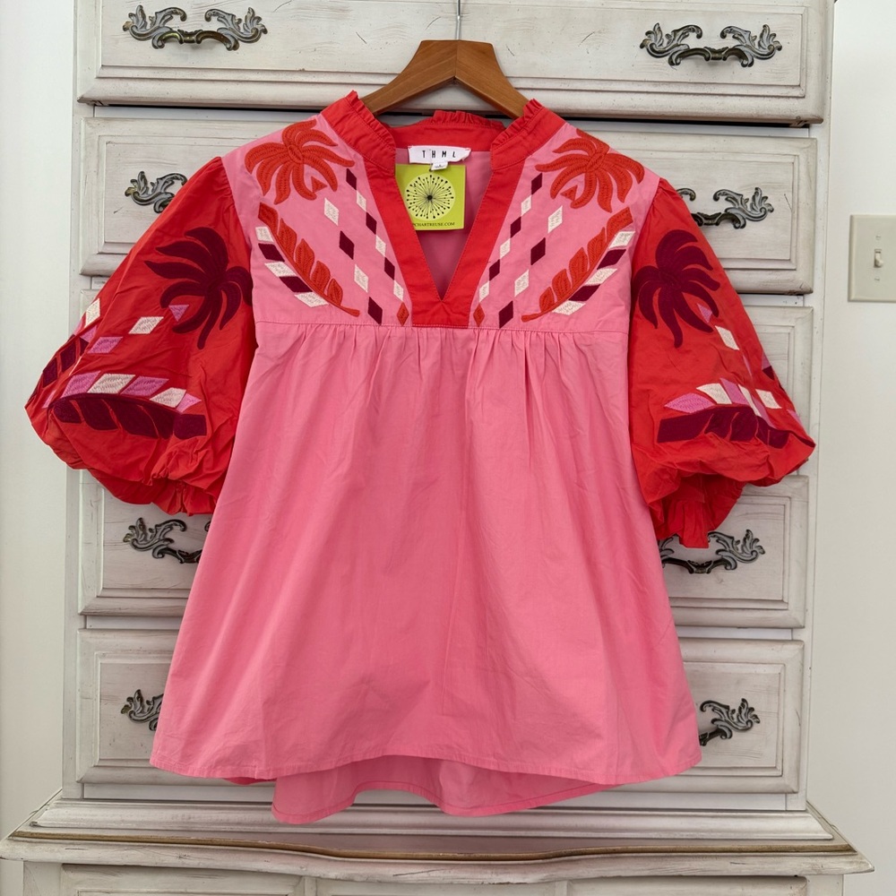 THML Pink and Red Embroidered Top